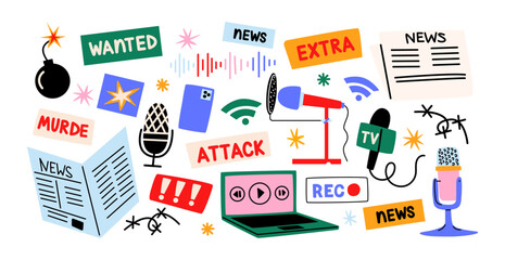 Breaking news sticker set. Media elements, including newspapers, microphones, alerts, and notification banners. Cartoon shapes for journalism and broadcasting concept