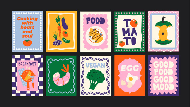 Fototapeta Abstract food posters for the kitchen. Culinary compositions in cartoon trendy style of Matisse. Decor for kitchens, cafes and restaurants. Minimalist banners for wall decor, prints, wallpaper.
