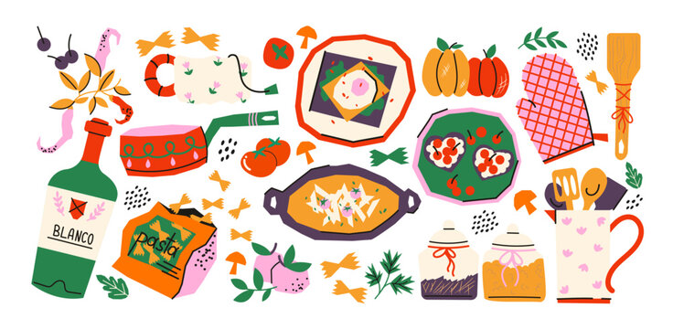Dishes of different cuisines of the world, products and ingredients drawn in cartoon style. Doodle stickers, kitchen morning, dinner, lunch and drinks.