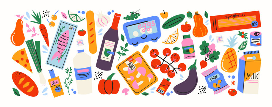 Basic food products from the supermarket. Grocery goods, dishes, baked goods, drinks, delicacies, ingredients. Fresh grocery products vegetables and fruits. Doodle cartoon retro supermarket stickers.