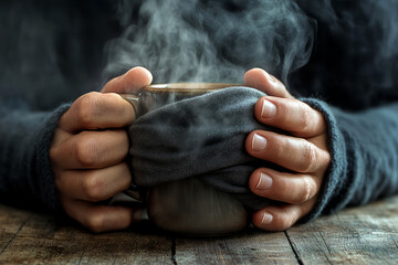 Fototapeta premium Cozy Hands Holding Warm Steaming Mug on Rustic Wooden Table in Winter Setting