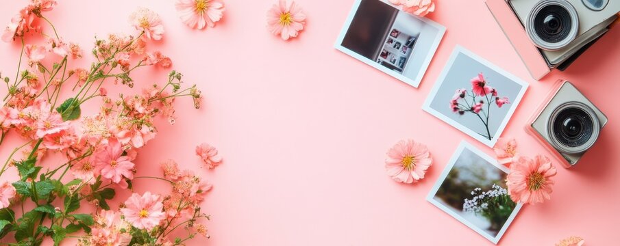 Vintage cameras and pink flowers with polaroid photos on pastel background