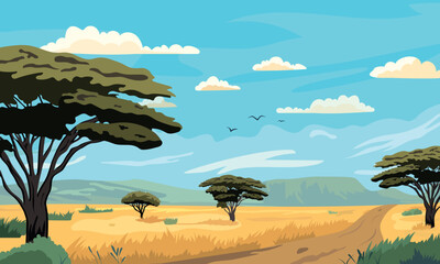 Cartoon savannah landscape. African safari adventure. Vector banner. Explore expedition trip. Nature panorama.