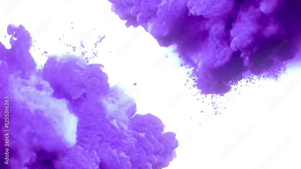 Aufkleber Digital Flash animation of bright purple hues. Clouds scatter into tiny particles, contrasting with the pure white background and creating an effect of visual freshness