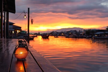 Fototapeta premium Lantern illuminates riverside dining as sunset casts vibrant colors over tranquil waterway