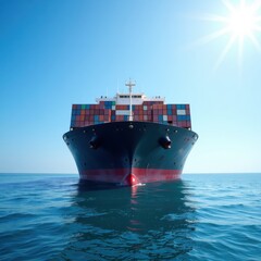 Majestic dark blue container ship adorned with a striking red stripe sails the sea, decks brimming with an array of colorful, size-varied containers creating a dynamic mosaic against the horizon
