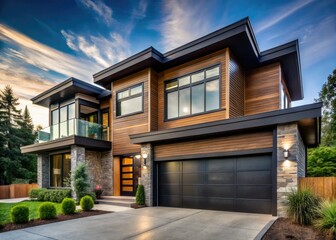Sleek modern home: expansive windows, striking black garage, warm wood accents.