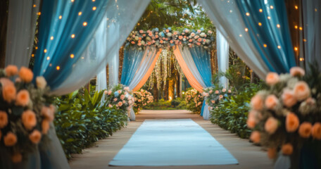 Fototapeta premium Pastel blue and white wedding drapery with peach flowers decorates an outdoor venue. A grand walkway, lush greenery, and fairy lights create a dreamy, romantic wedding setting.