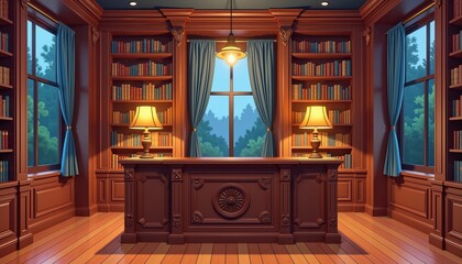 Classic wooden reception desk in an elegant library, intellectual ambiance