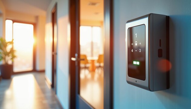 High-tech access control card reader in office lobby, corporate security