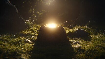 Mystical Sunlit Shrine in Forest Clearing  Illuminating Sacred Site in Dark Magical Woodland