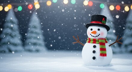 Snowman in a Winter Wonderland Surrounded by Festive Lights