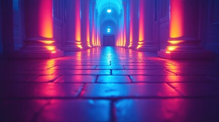 Neon-lit colonnade hallway, vibrant colors, reflecting floor, distant door