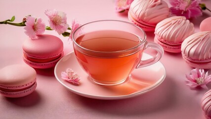 A cup of fruit tea, macaroni cakes, and flowers. Pastel pink hues.