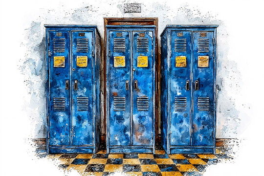 Watercolor style painting of three worn, blue lockers with yellow notes on a tiled floor..
