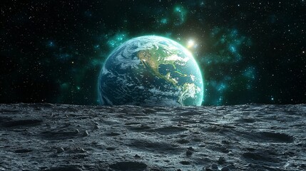 Glowing Earth Suspended Above Stark Lunar Landscape Cosmic Planet Concept