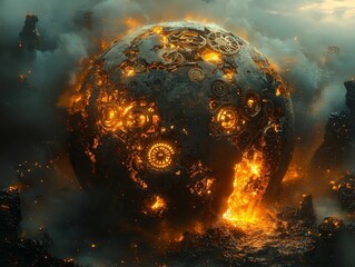 Steampunk Planet Earth Emitting Radiant Golden Light From Cracked Machinery and Gear Embedded Surface