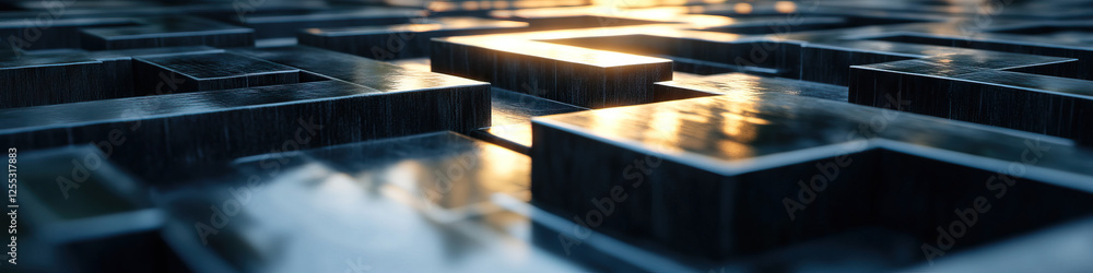 Poster abstract maze of dark gray rectangular blocks with reflective surfaces