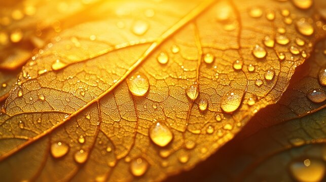 Golden leaf, dew drops, sunlit, autumn, nature macro