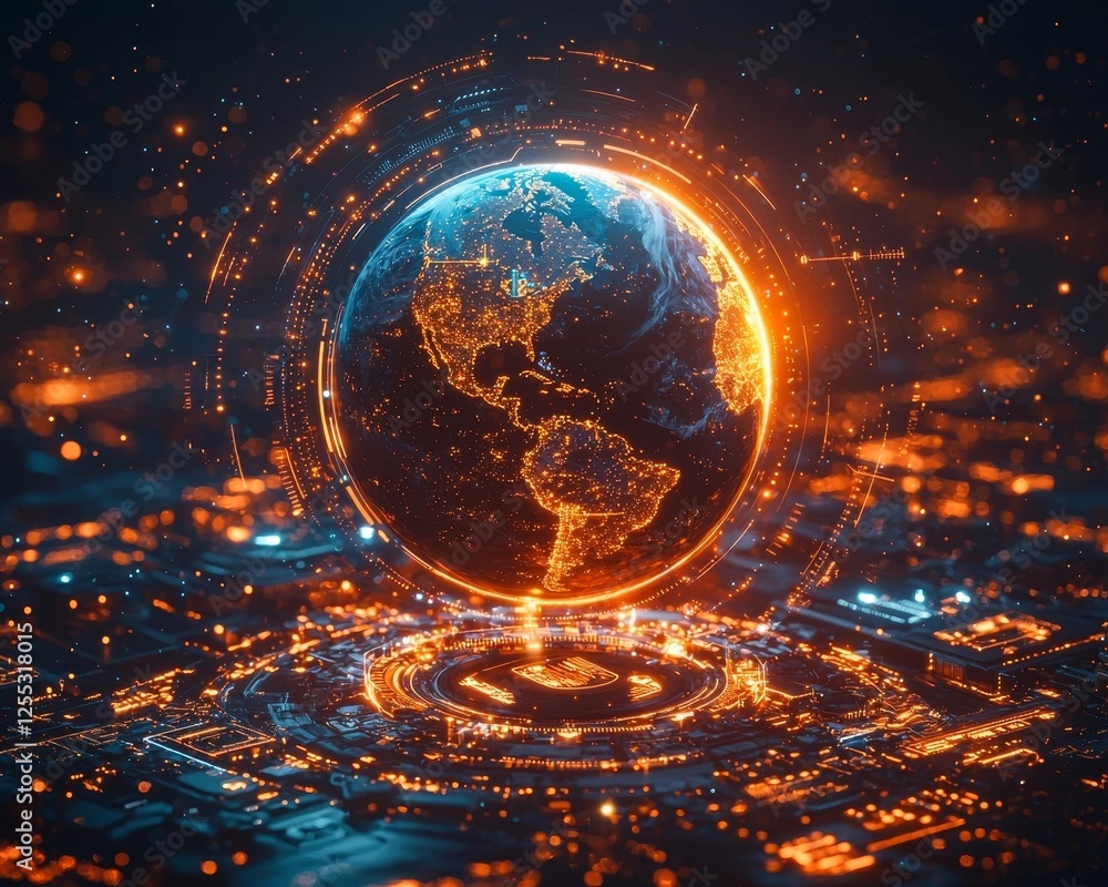Aufkleber glowing holographic earth floating above futuristic control panel with digital data streams