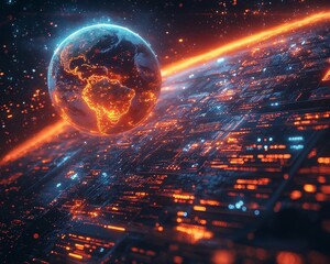 Glowing Holographic Earth Floating Above Futuristic Control Panel with Digital Data Streams and Rotating Icons