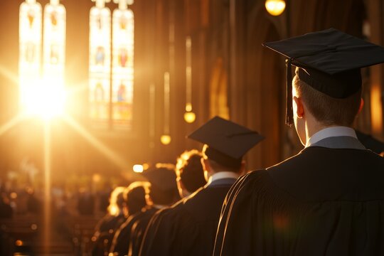 Graduation ceremony at a historic church with sunlight shining through stained glass windows
