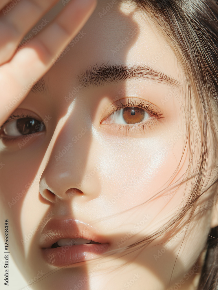 Aufkleber 美肌で綺麗な若いアジア人女性の顔半分にクローズアップした美容・ファッション撮影ショット。光と影がおしゃれな雰囲気を作っている。