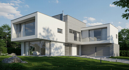 Fototapeta premium Modern two-story house with a sleek white and gray facade, large glass windows, balcony, minimalist design, and landscaped greenery under a clear blue sky.