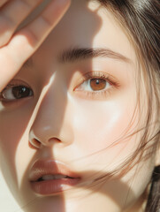 美肌で綺麗な若いアジア人女性の顔半分にクローズアップした美容・ファッション撮影ショット。光と影がおしゃれな雰囲気を作っている。