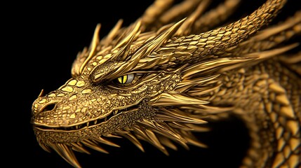 Golden Dragon Profile Majestic Fantasy Creature Gold Scales Fierce Yellow Eyes Dark Background Detailed