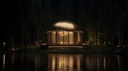Obraz premium Illuminated Dome Structure Reflecting in Waters at Night Surrounded by Dark Forest Tall Trees