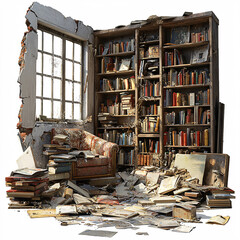 Fototapeta premium Dusty, aged library corner with overflowing bookshelves, dilapidated walls, a chair, and scattered books..