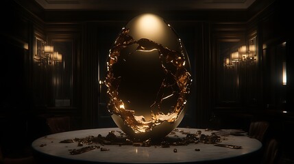 Captivating Glimpse Golden Ovoid Structure Shattering Moment in Mysterious Lit Room Ambience