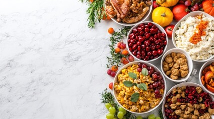 Thanksgiving feast food arrangement, marble background, autumn harvest