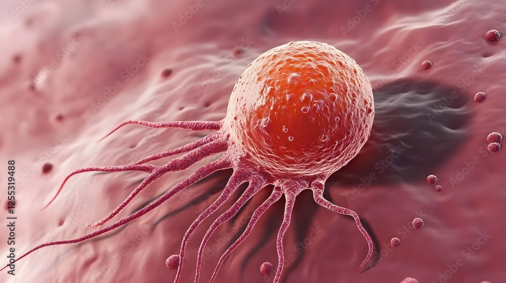 Poster Microscopic Image of a Red Cellular Structure in a Scientific Laboratory Setting  Close up magnified view of a round granular organism or microbe