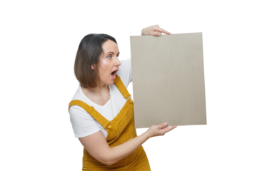 Excited woman holding blank sign for graphic designers in bright, casual setting