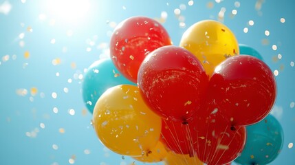 Colorful balloons and confetti rise against sunny sky