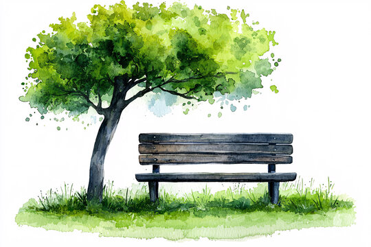 Watercolor painting of a park bench nestled beneath a lush green tree, surrounded by grass..