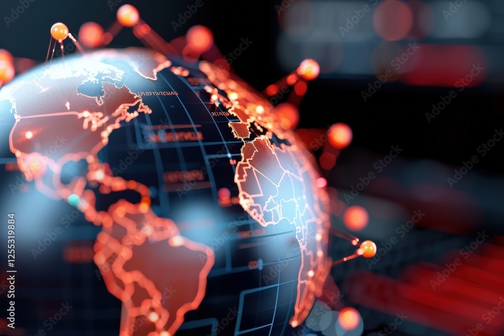 Poster a detailed global network concept illustrating interconnectedness with a futuristic touch in red and