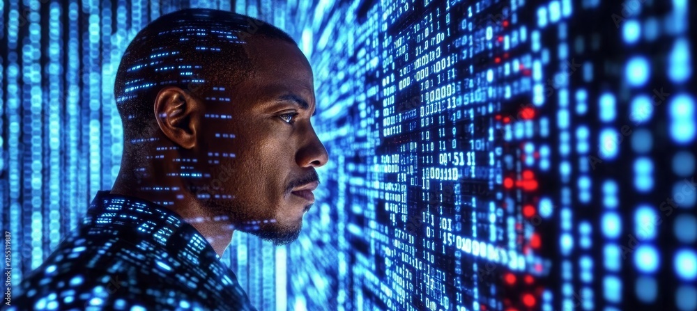 Poster abstract profile of a man s head illuminated with binary code and digital light on dark blue