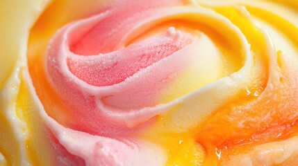 Swirled pink and yellow ice cream close-up