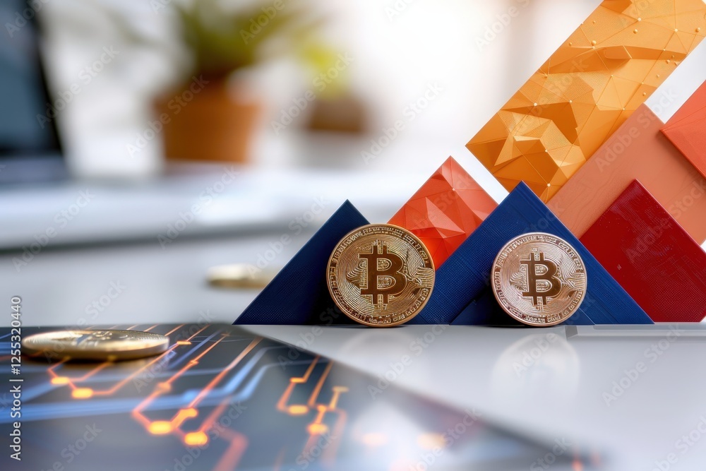 Poster bitcoin cryptocurrency coins on modern desk with colorful graphical elements and technology backgrou