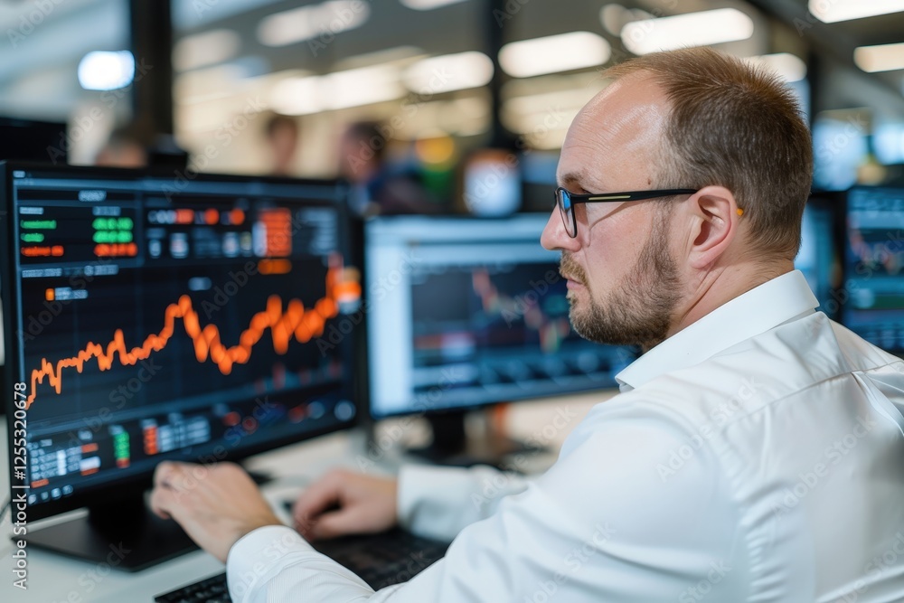 Poster focused male analyst reviewing financial charts and data on multiple computer screens in a modern of