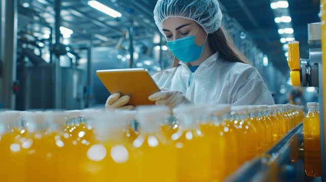 A dedicated female worker in a white protective suit and mask inspects bottles of orange beverage while using a tablet. The industrial environment conveys a strong focus on quality and safety