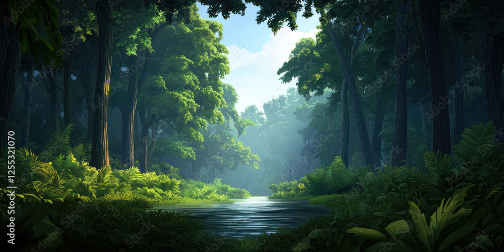 Poster serene forest stream surrounded by lush greenery and tall trees, creating peaceful atmosphere