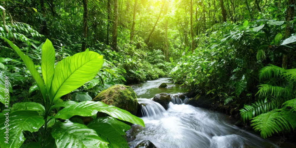 Poster serene forest stream flows through lush greenery, creating tranquil atmosphere