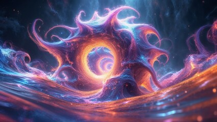 A vibrant cosmos of swirling blue and purple nebula surrounds a bright, orange-lit singularity in an artistic rendering. It alludes to a huge, uncharted universe.