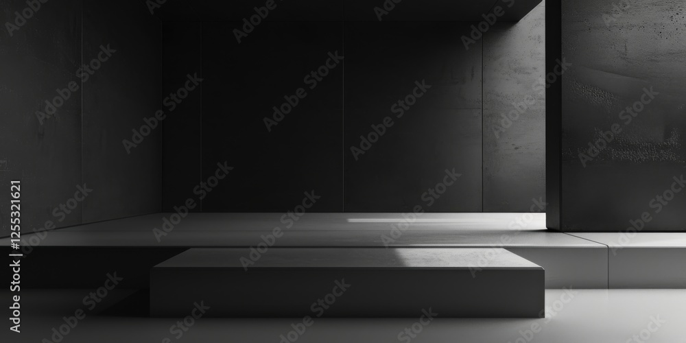 Poster a minimalistic composition with a pure black backdrop, strong geometric shapes and bold contrasts, e