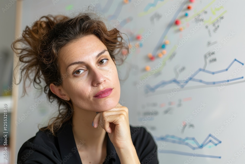 Poster thoughtful woman in front of charts and graphs, analyzing data and trends in a modern office setting