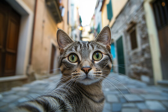 Close-up of a curious tabby cat taking a selfie in an alley with green eyes and a focused expression, capturing a playful moment and the beauty of urban surroundings.